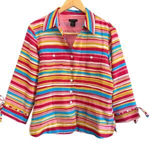 ANNE CARSON | Red Yellow and Blue striped Silk Button down Shirt | Large